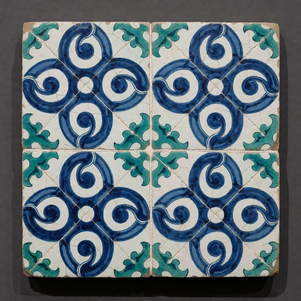 Close view of a tiled wall panel with repeating blue and turquoise scrollwork