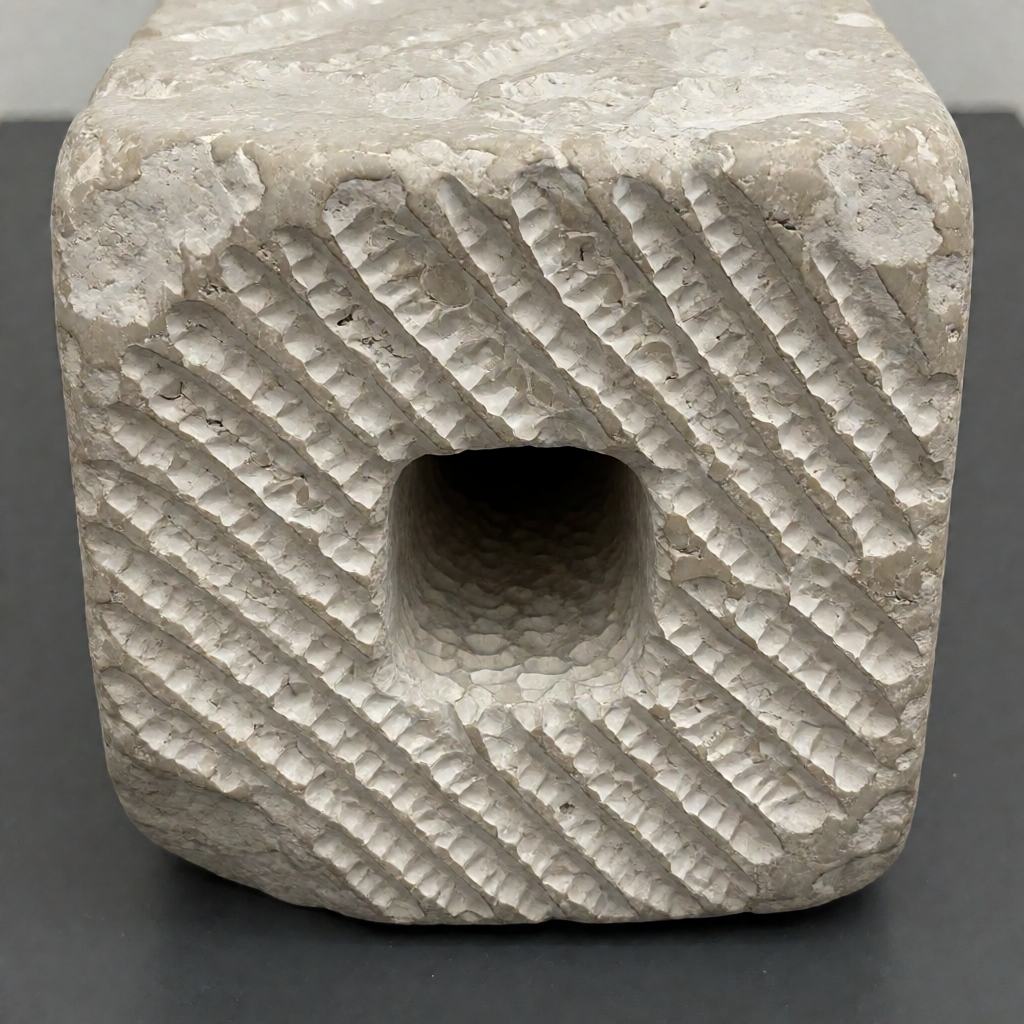 Block of pale travertine stone with deep tool marks and an iron clamp hole