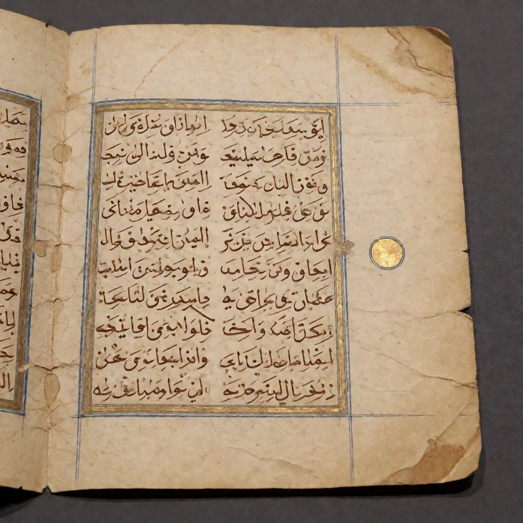 Old Arabic manuscript page in fine brown ink with gold leaf and a ruled border