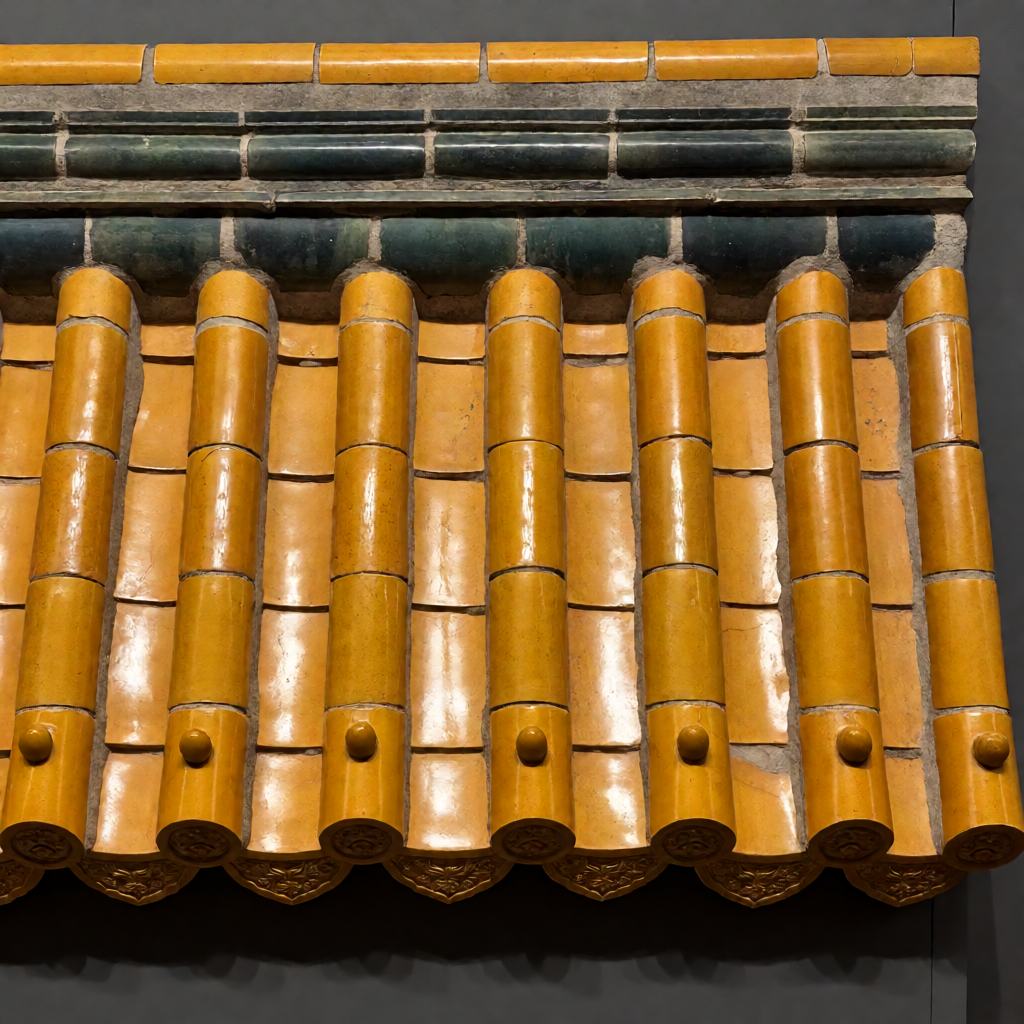 Rows of deep yellow glazed roof tiles in even courses with a dark glazed ridge running along the top