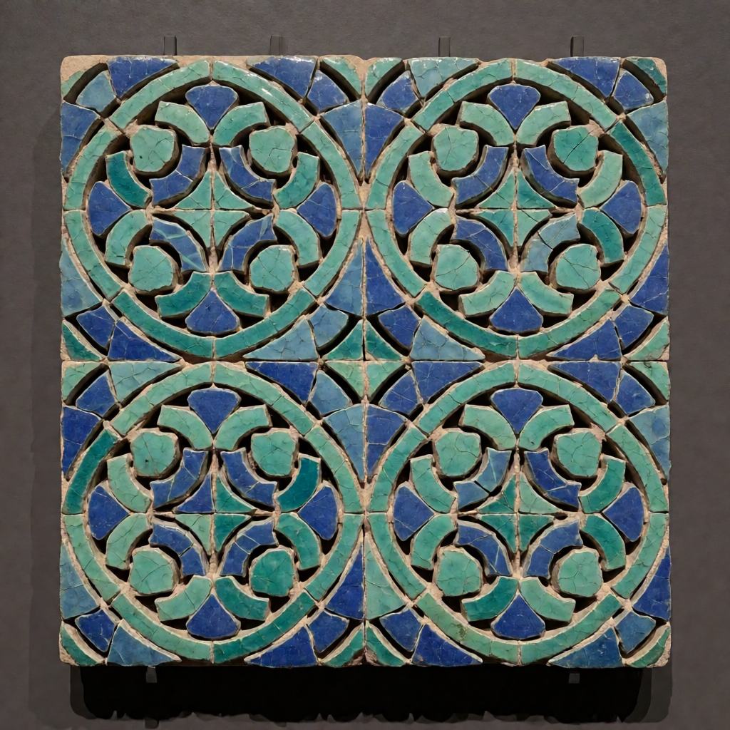 Wall panel of cut glazed tile, small angular pieces in blue and turquoise set into a repeating scrollwork
