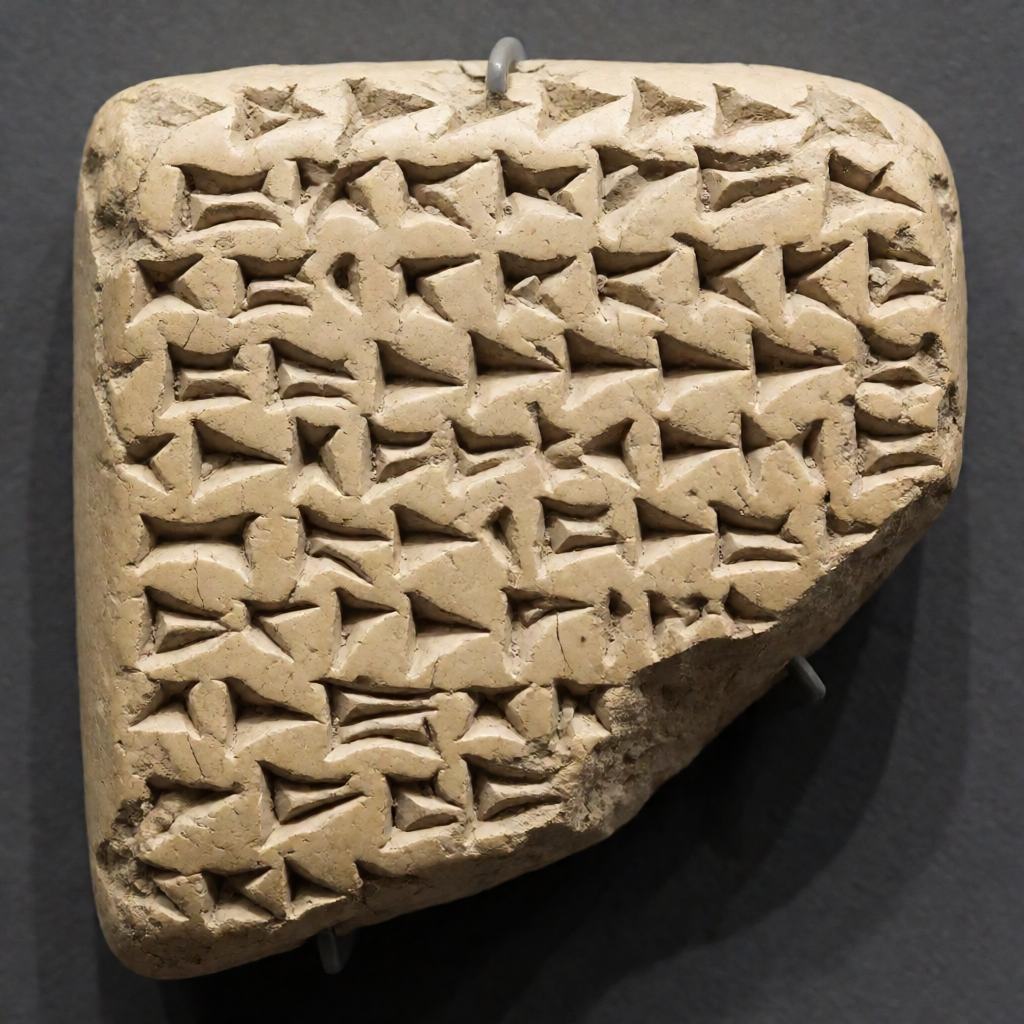 Slab of pale clay bearing rows of small wedge shaped marks cut into the surface, even lines of signs across a flat tablet