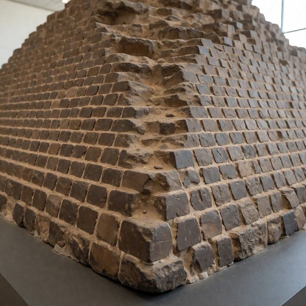 Corner of a steep sided pyramid of small dark stone blocks, laid in sloping courses with a worn and broken top