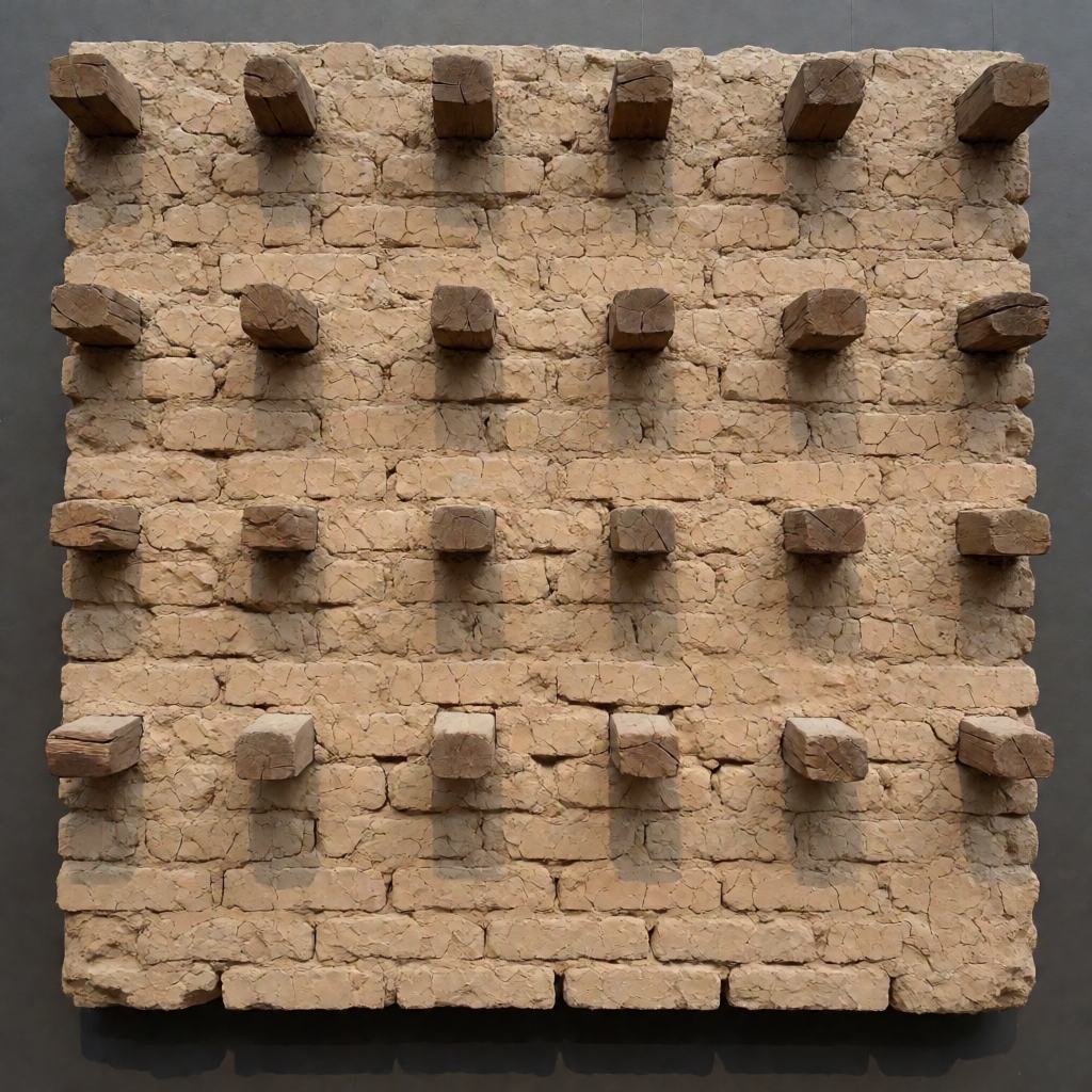 Mud brick wall laid in even courses with rows of projecting timber beams set in at regular heights
