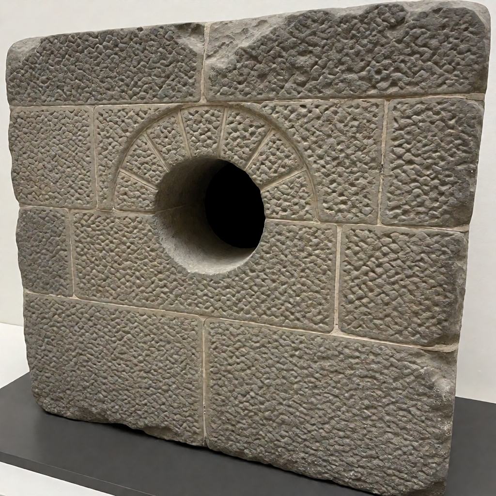 Thick castle wall of dressed stone blocks with a small deep set round arched window and deep tool marks across the face