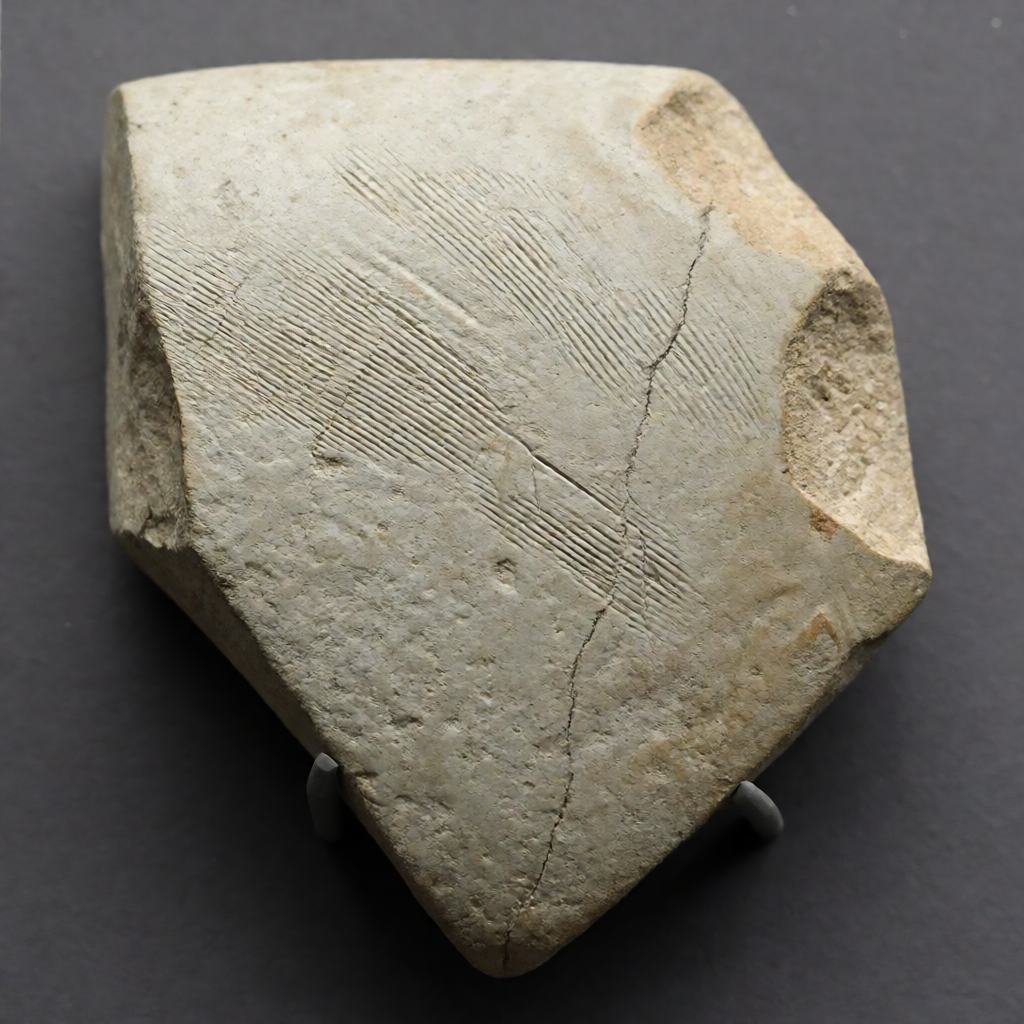 Close-up of a worn clay fragment from a buried figure, fine modelling marks and a smooth fired surface in pale grey and buff