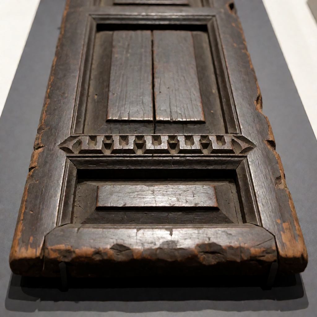 Close-up of a carved door panel with deep cut rectangular panels and a band of repeating shapes in dark weathered material