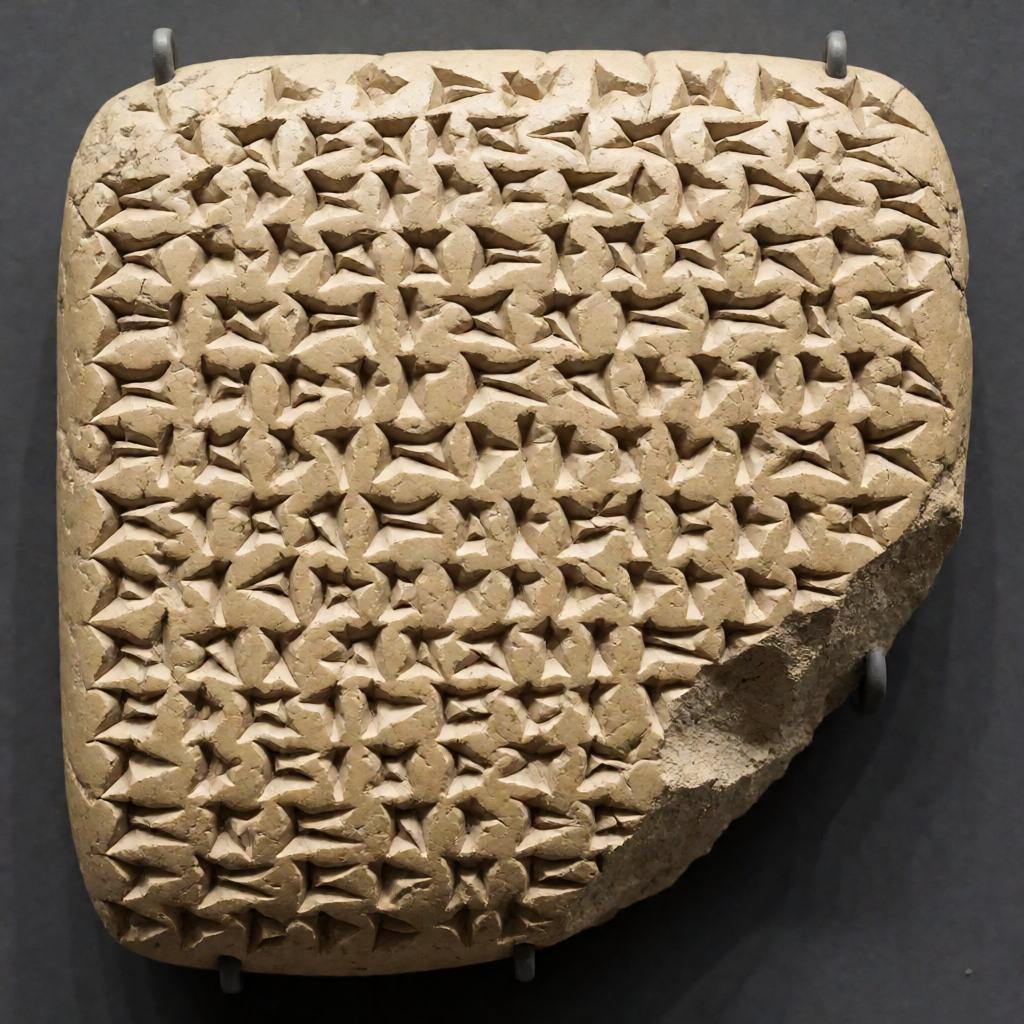 Close-up of a pale clay tablet covered in rows of small wedge shaped marks cut into the flat surface