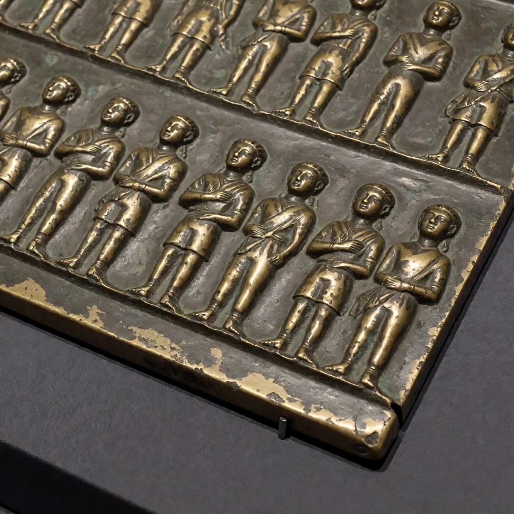 Close-up of a brass relief plaque with figures in raised metal across a flat ground and a dark patina over the surface