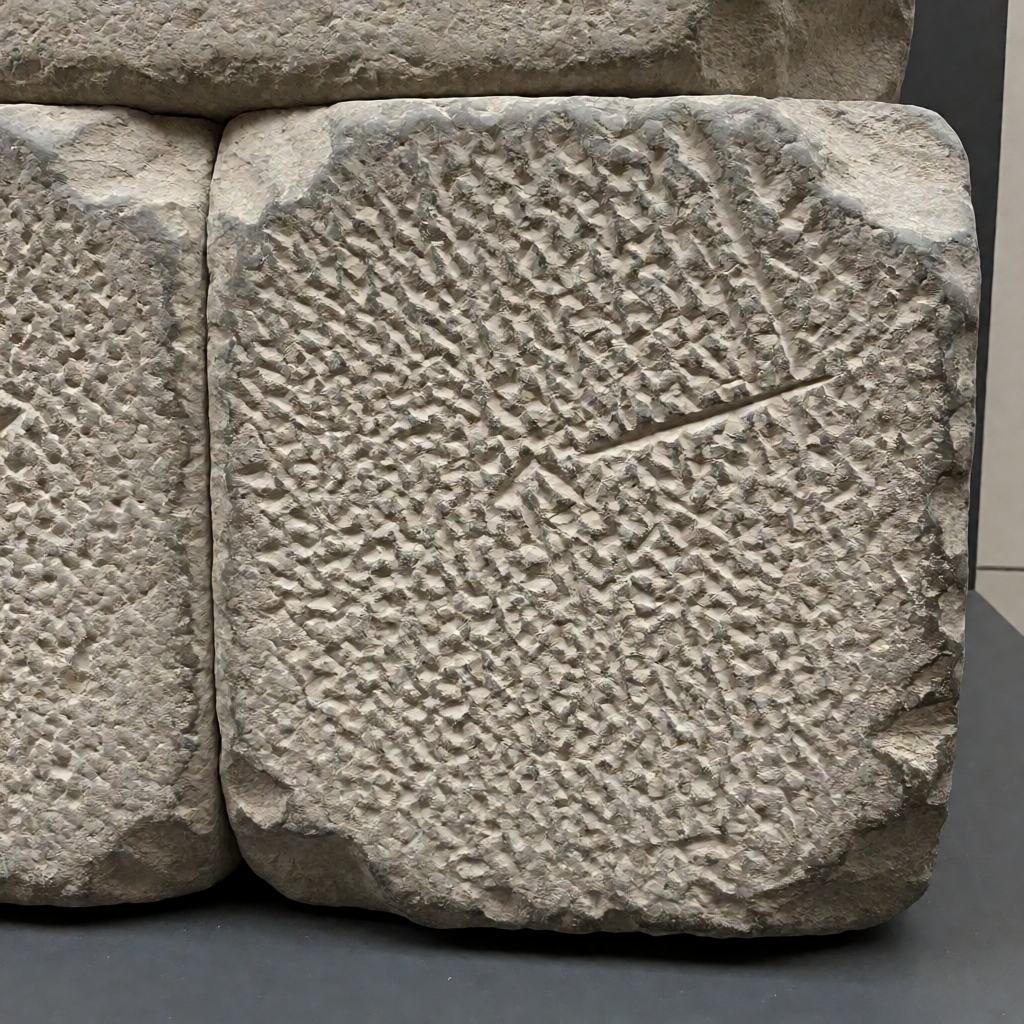 Close-up of a dressed stone block in a thick wall, deep tool marks across the face and a thin joint beside it