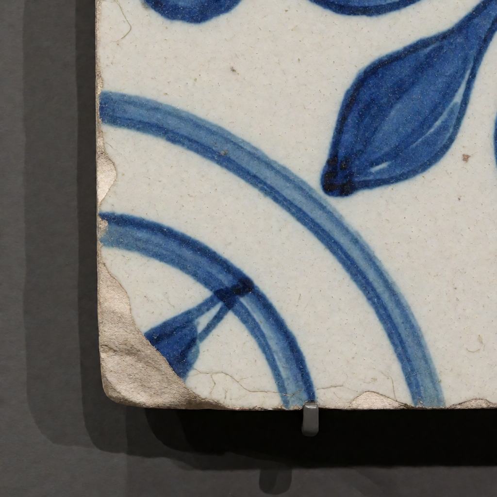 Close-up of a glazed floor tile in blue and white, painted with a simple pattern and set with a worn chipped corner