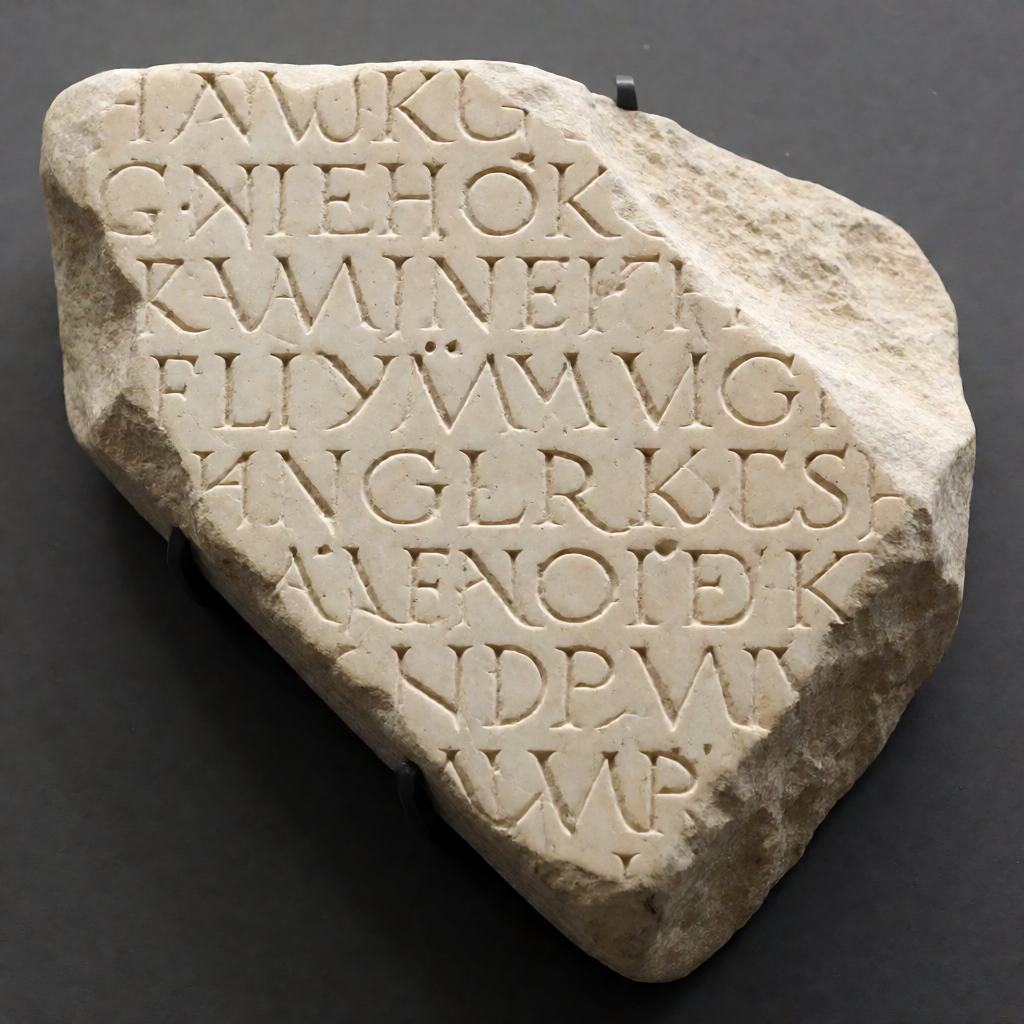 Close-up of a fragment of an inscribed stone slab, rows of cut letters running across a worn pale surface