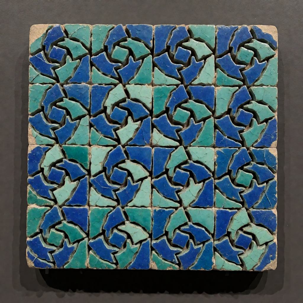 Close-up of a panel of cut glazed tile in blue and turquoise, small angular pieces set in a repeating geometric scroll with dark joints