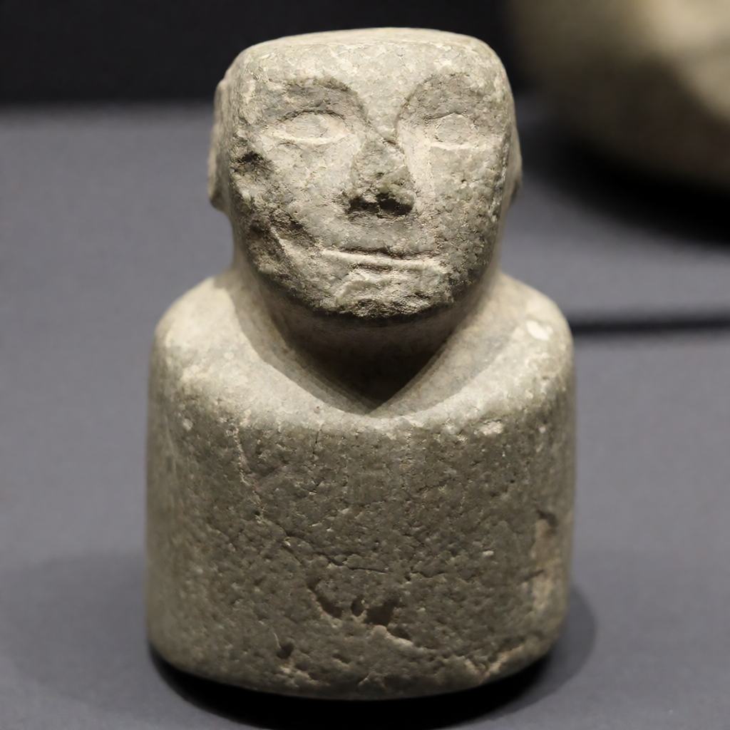 Close-up of a carved soft grey stone figure with a worn surface, set on a plain dark museum board