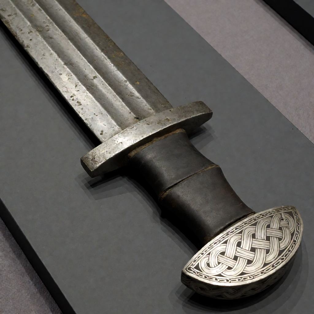 Viking Age iron sword with silver wire inlay and leather grip