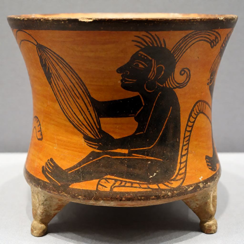 Painted Maya ceramic vessel showing a figure holding a cacao pod