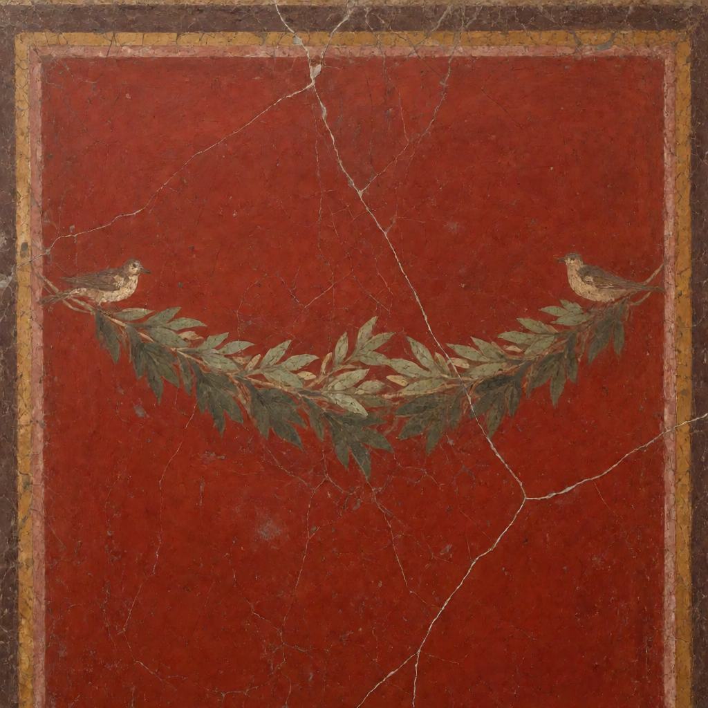 Roman wall fresco from Pompeii with red panels and a painted garland