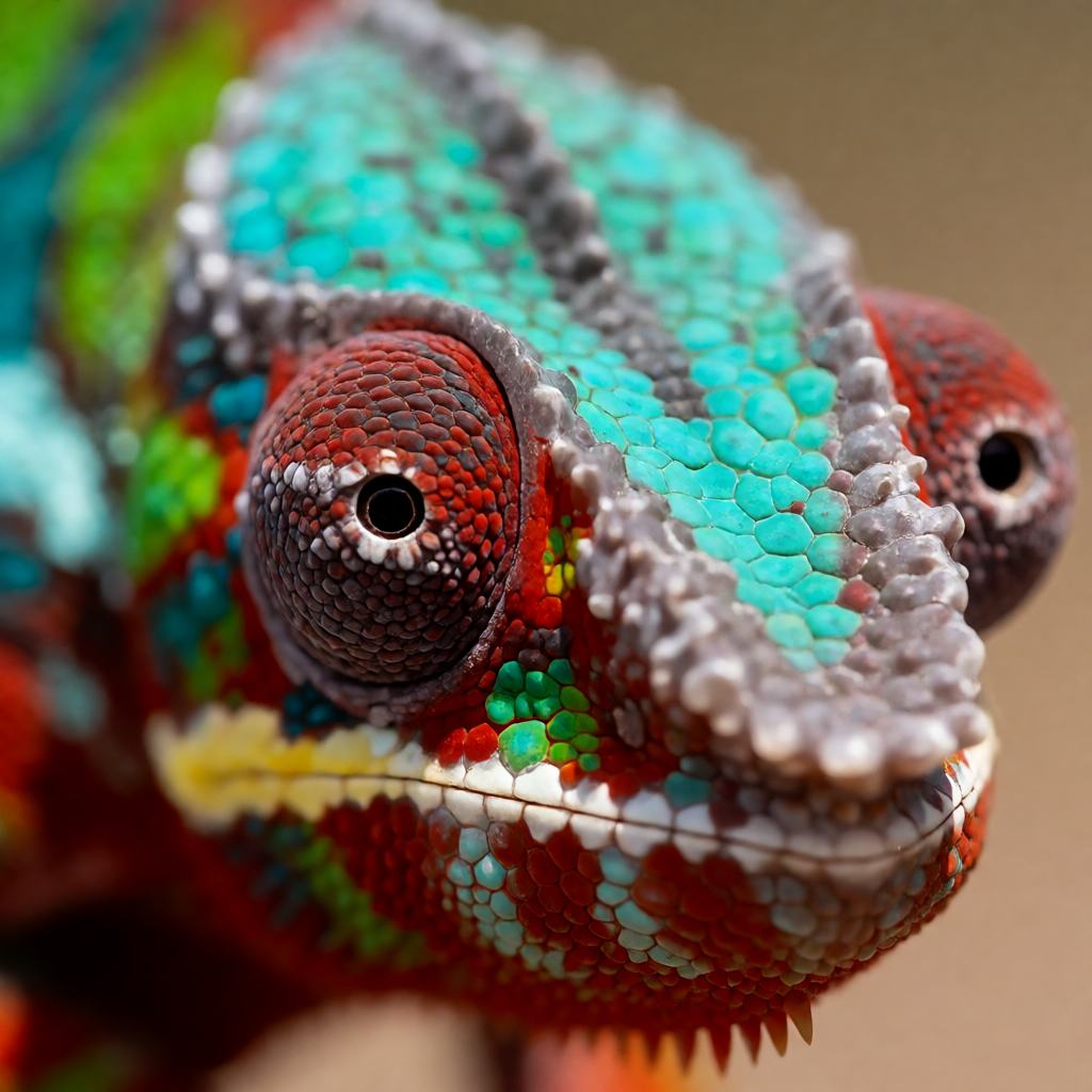 Close-up of a male panther chameleon on a branch, showing the blue, red and green flank colours, the tall casque and the curled tail