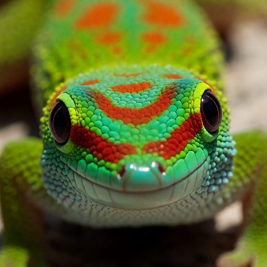 Close-up of a Madagascar day gecko on a tree trunk, showing the leaf-green body, the red bars and spots and the round lidless eye