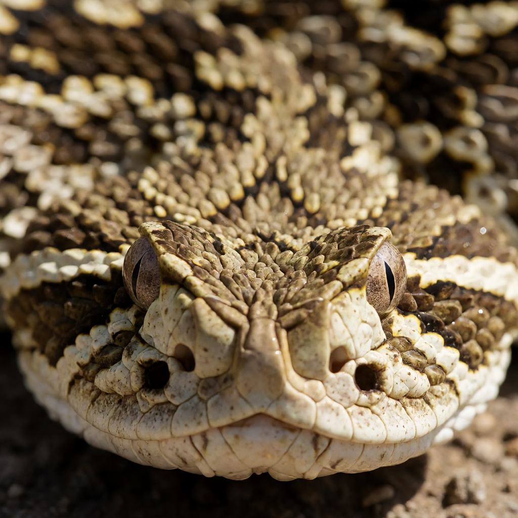 Close-up of a puff adder coiled on a dusty path, showing the thick body, the broad head and the brown chevron bands along the back
