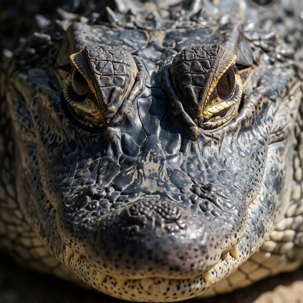 Close-up of a Chinese alligator at the water's edge, showing the short upturned snout, dark olive skin and the bony plates along the back