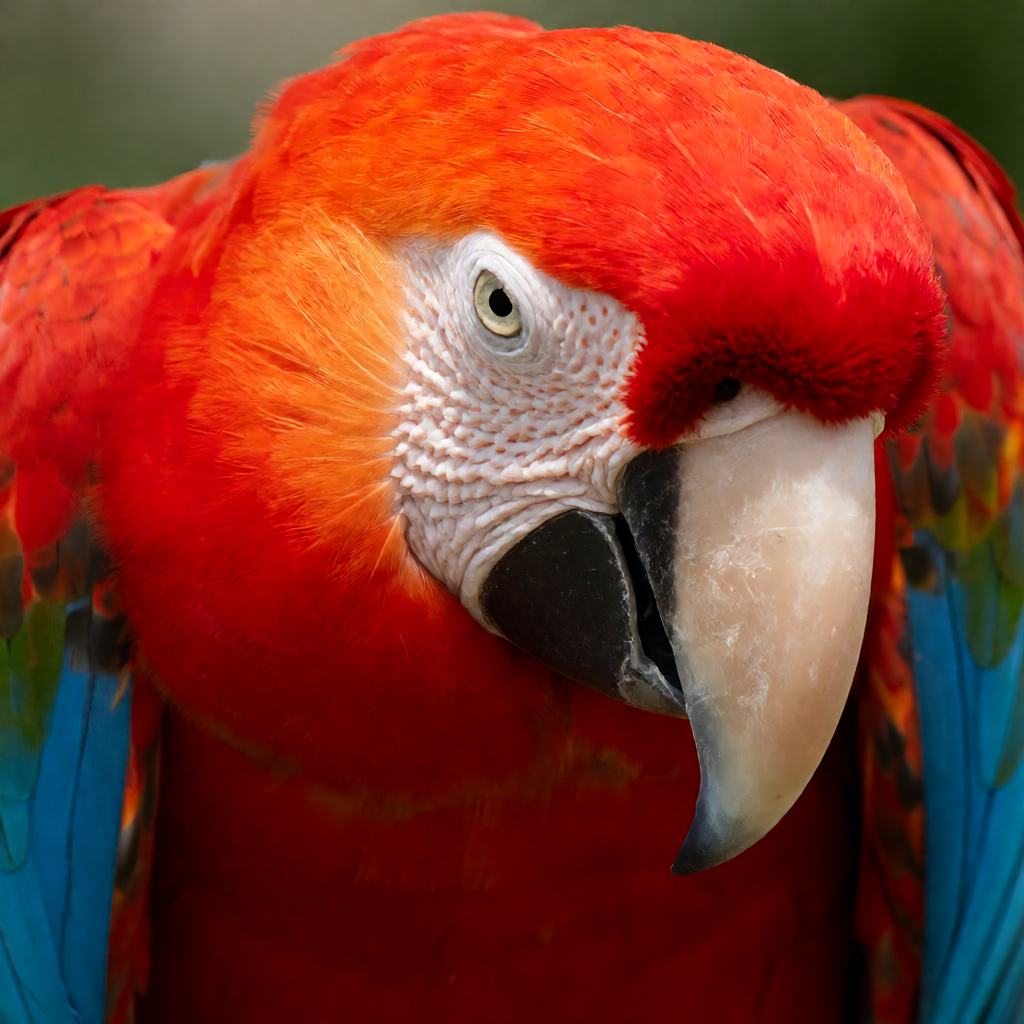 Side view of a scarlet macaw perched on a branch, showing the scarlet body, the yellow and blue wing feathers and the long streaming tail