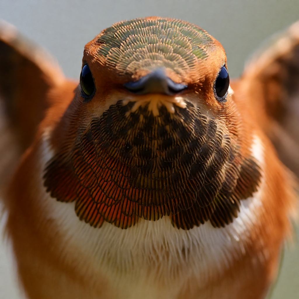 Close-up of a male rufous hummingbird hovering at a red tubular flower, showing the rusty orange back, the red throat gorget and the fine straight bill