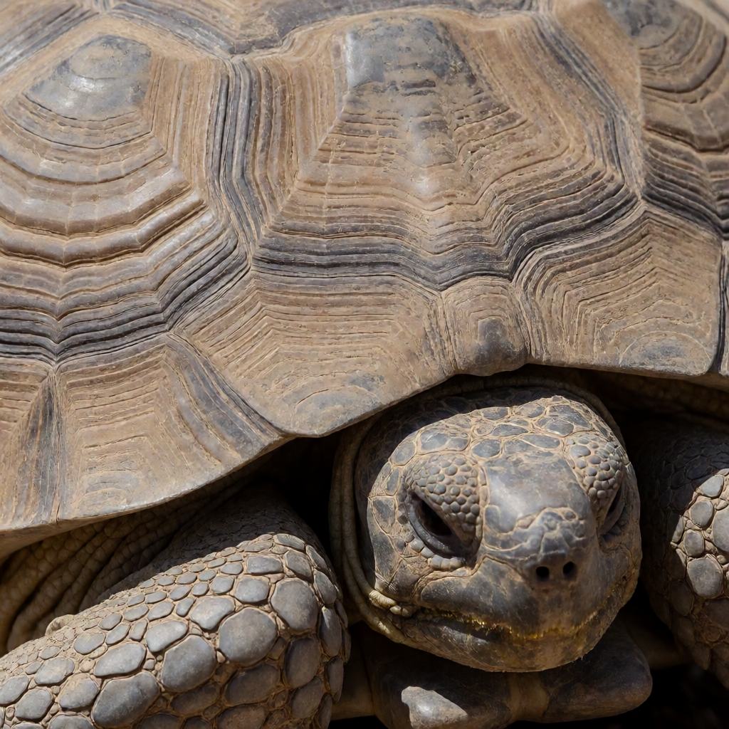 Close-up of a Mojave desert tortoise on sandy desert ground, showing the high domed shell, the scaly front legs and the thick digging nails