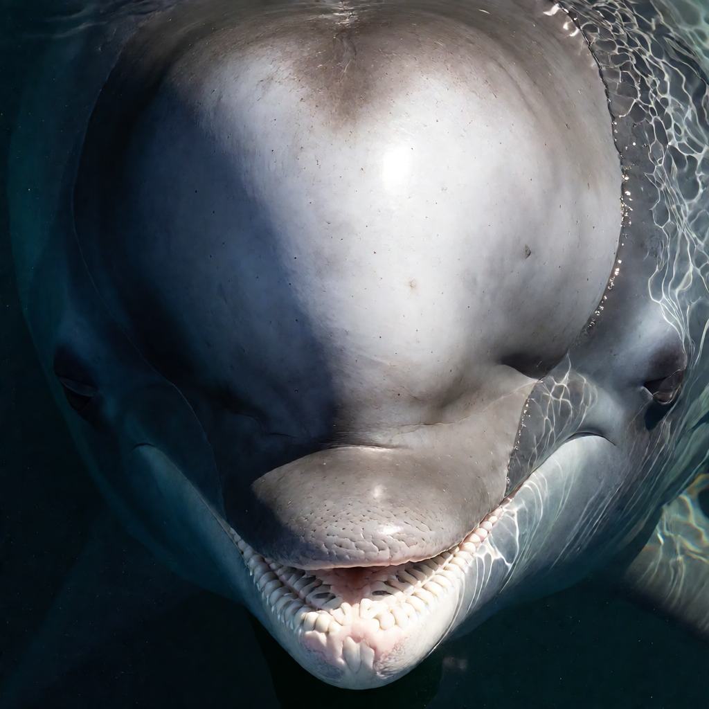 Side view of a Baird's beaked whale surfacing in cold North Pacific water, showing the long narrow beak, the dark grey body and the white rake scars