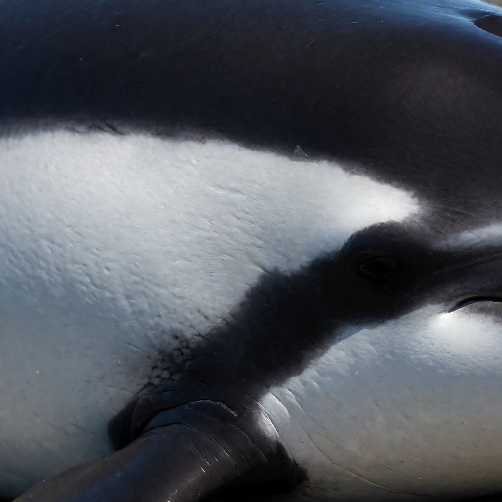 Side view of a Dall's porpoise racing at the surface, showing the black body, the white flank patches and the small hooked dorsal fin
