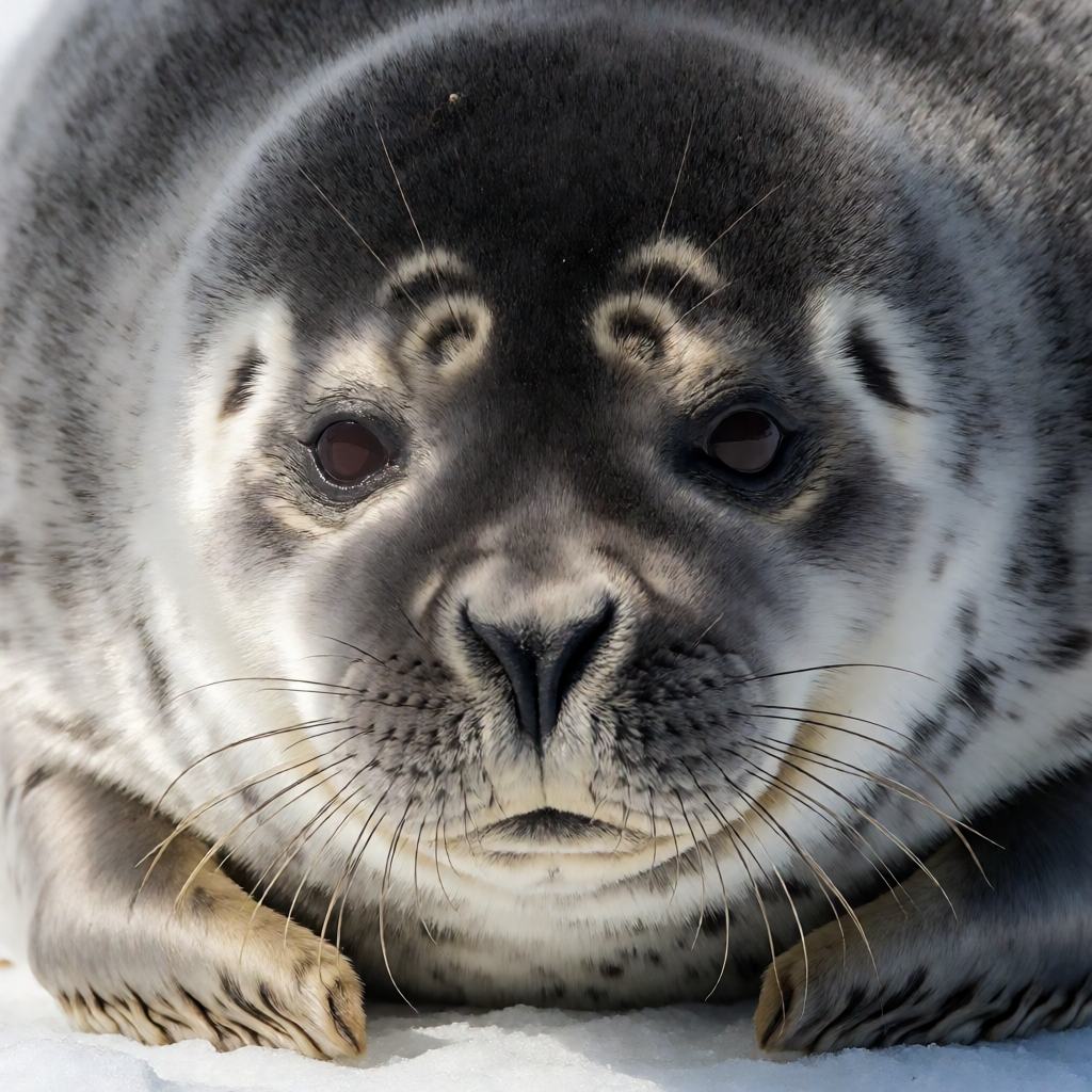 Close-up of a ringed seal resting beside a breathing hole in Arctic sea ice, showing the grey fur, the pale rings and the thick foreclaws