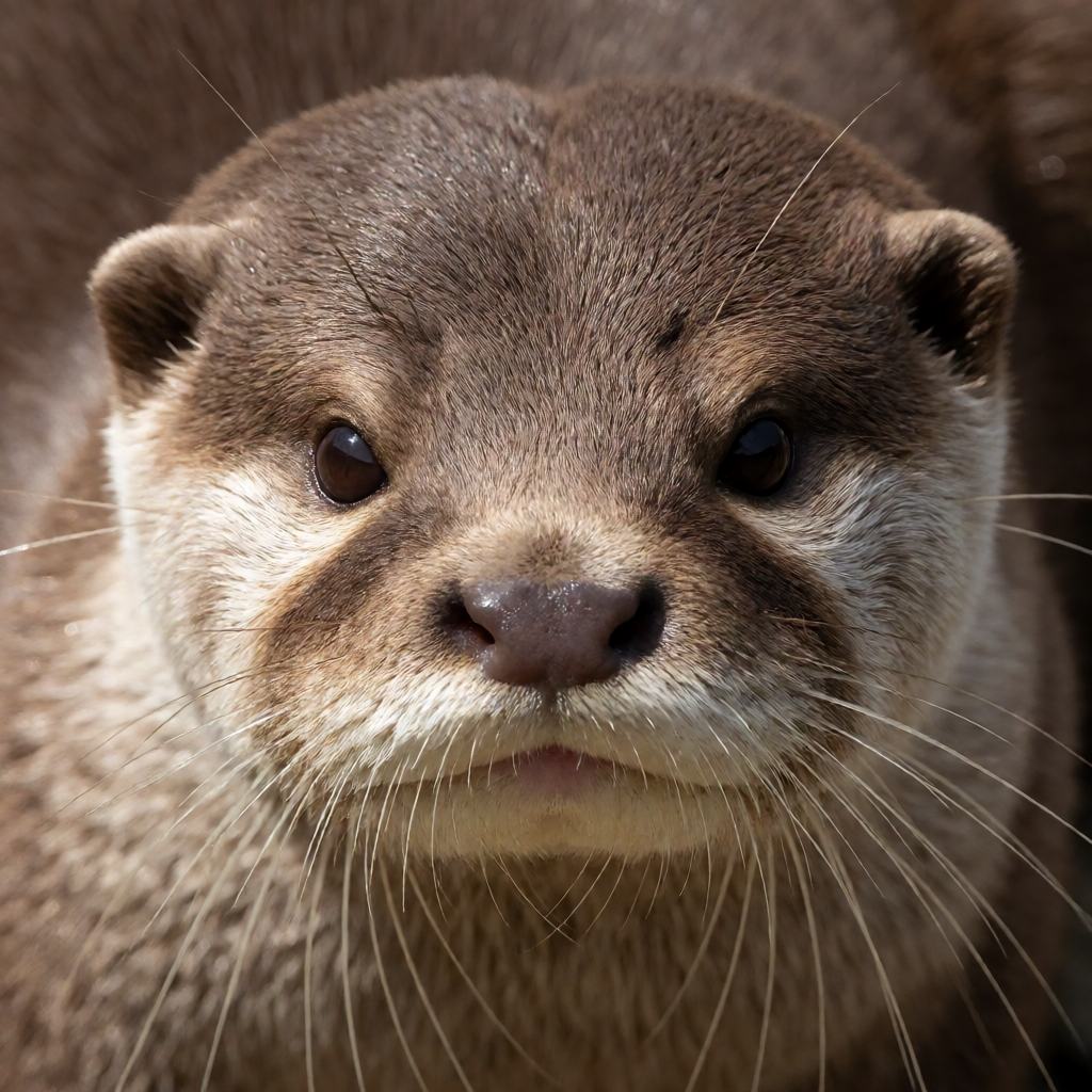 Close-up of an Asian small-clawed otter turning over a stone in a shallow stream, showing the dark brown fur, the pale throat and the small bare paws