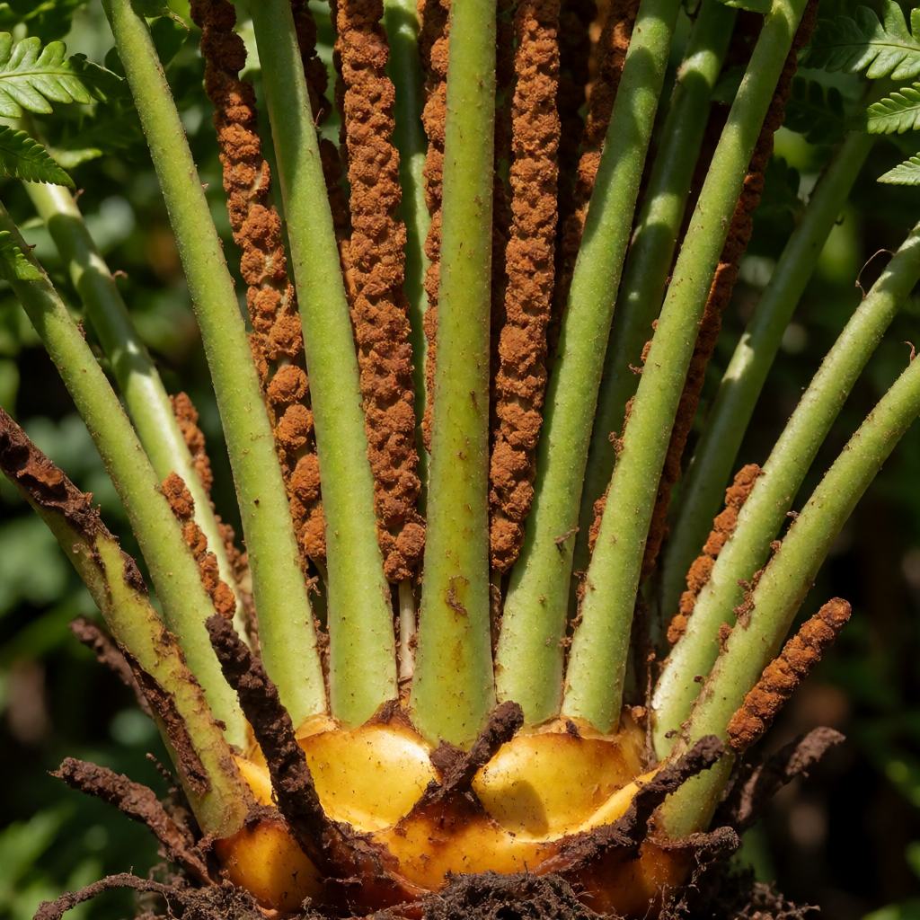 Close-up of a royal fern in a wet woodland hollow, showing the arching bright green sterile fronds and the upright brown fertile tips